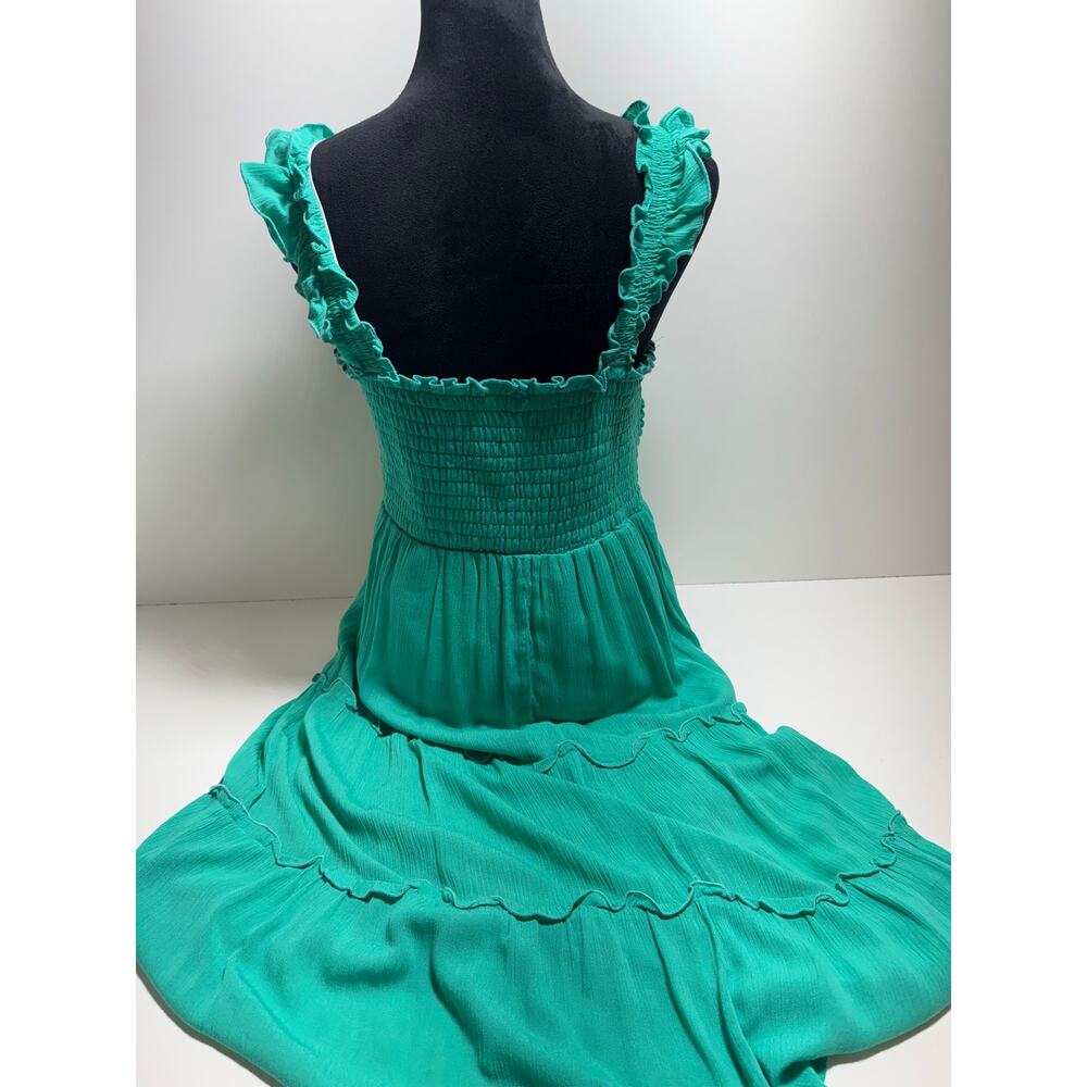 Y2K 90’s Women’s Dress Shamrock Green Sleeveless Tiered Ruched Top Sz L Lined - Picture 2 of 8